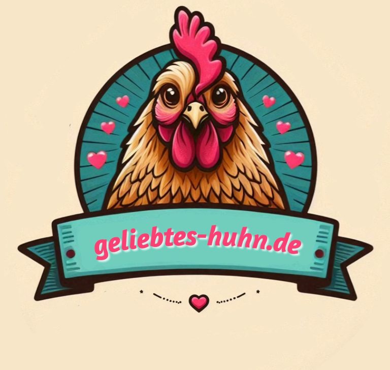 Comicartige Henne mit Herzen und dem Schriftzug „geliebtes-huhn.de“.